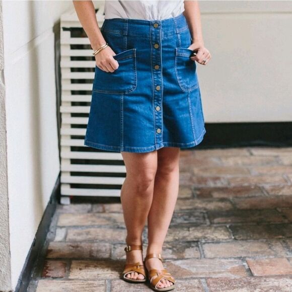 Boden Skirt Women's 12 Blue Denim Mini Snap Button A-Line Med Wash Classic - Picture 1 of 11